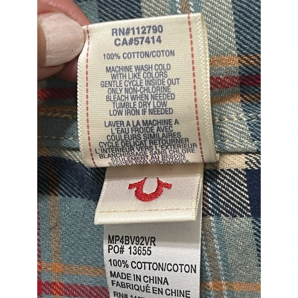True Religion Men's Pearl Snap Flannel Shirt Plaid Med Western Wear Cotton